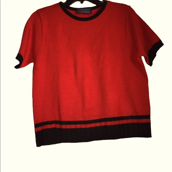 Willow Ridge Red Black Trim Knit Short Sleeve Sweater Top Size M Classic - Picture 7 of 10
